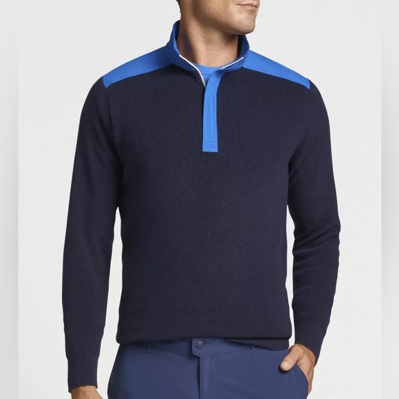 NWT Peter Millar Men Sweater M Cowes Navy Cotton Wool Rib Knit 1/4 Zip Pullover - Picture 3 of 13
